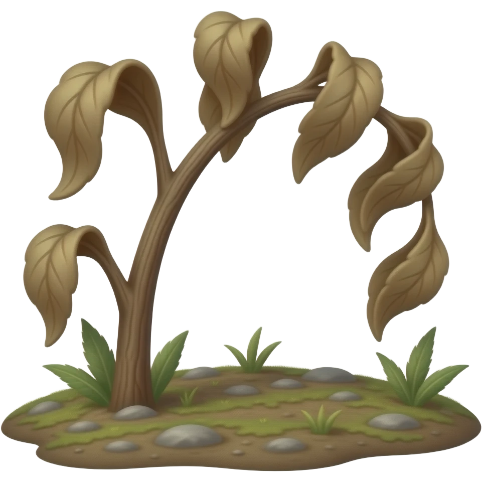 Wilted dead dark brown plantstem from the ground hanging with leaves emoji