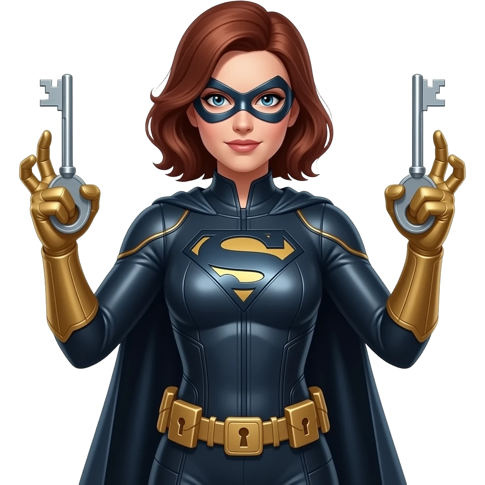 Lady Locksmith superhero, woman with hands made of metallic keys, elegant but powerful, glowing key fingers, sleek suit with lock motifs, confident stance, subtle shine, high detail, cinematic lighting emoji