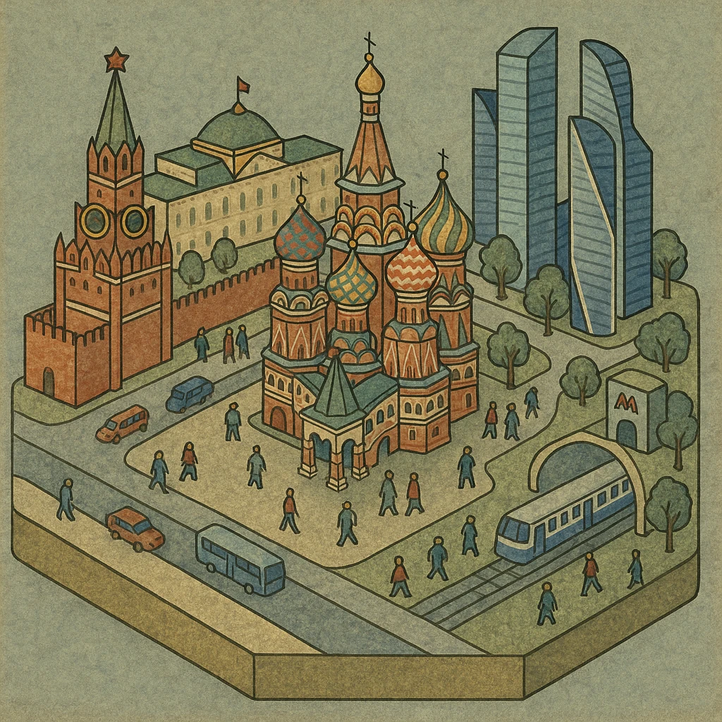 Изометричная миниатюрная 3D модель Москвы на подставке - фотореалистичный Кремль, собор Василия Блаженного, Башни Москва-Сити, аккуратная детализация, яркие цвета, мультяшный реализм, гуляют люди и современный автотранспорт и метро, компактная композиция, вид сверху в изометрии emoji