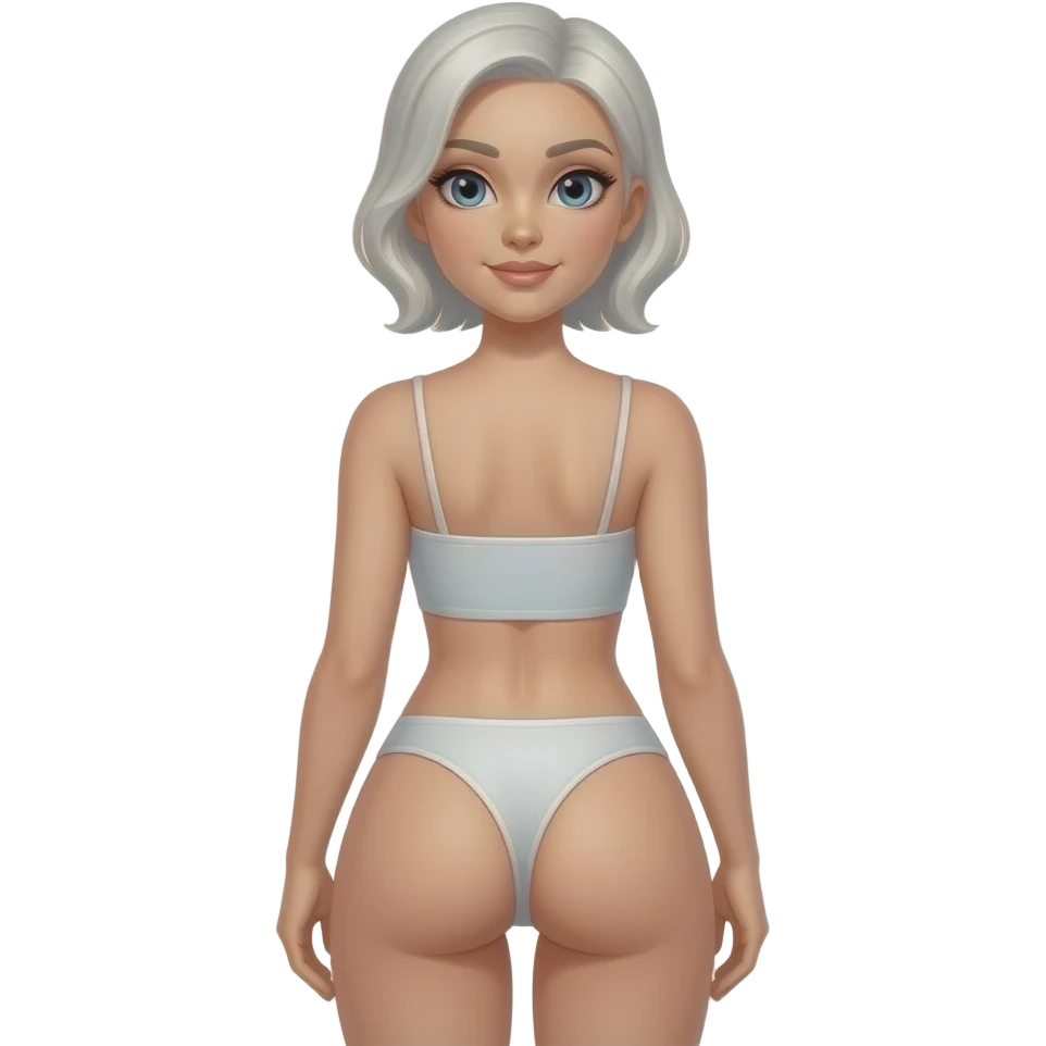 Skinny calipygian white female standing facing away from camera in a tube top with no bottoms on bare booty showing emoji