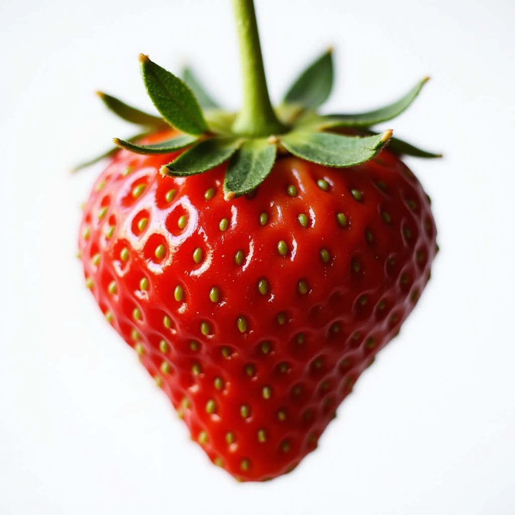 heart-shaped strawberry, realistic details, vibrant red, green leaves emoji