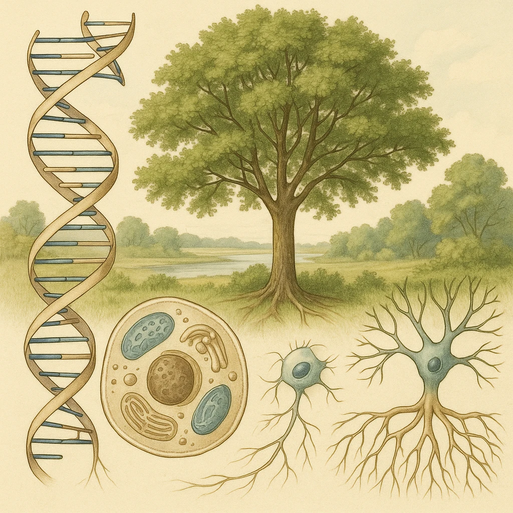 A realistic biological illustration showing: DNA strands transitioning into a tree, cells with visible organelles, neurons connected to plant roots  and a balanced ecosystem background . Seamless integration, no labels or borders. Scientific color scheme, detailed but minimalist. emoji