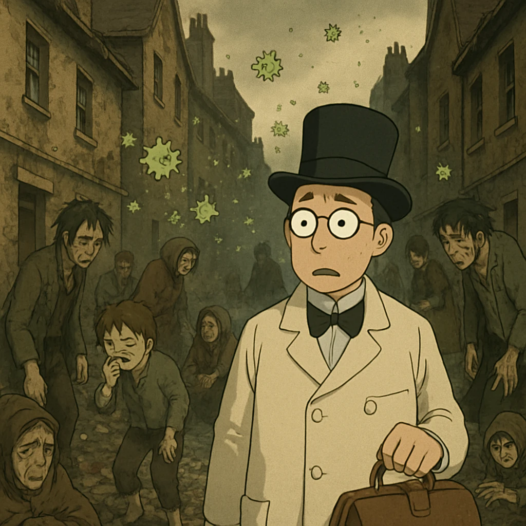 An early victorian slum area of London in the 1800s which is overpopulated, dirty and lots of waste on the floor.  There are ill looking people with germs in the air.  In the foreground is a confused looking doctor emoji