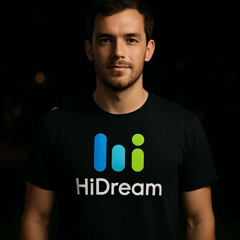 man wearing tshirt with this logo, dark night background with dim lights emoji