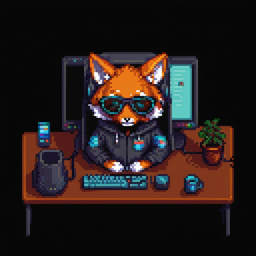 clever fox programmer-hacker wearing a hoodie and glasses, sitting at a computer, pixel art style, retro atmosphere, focus on the fox and computer, simple background emoji