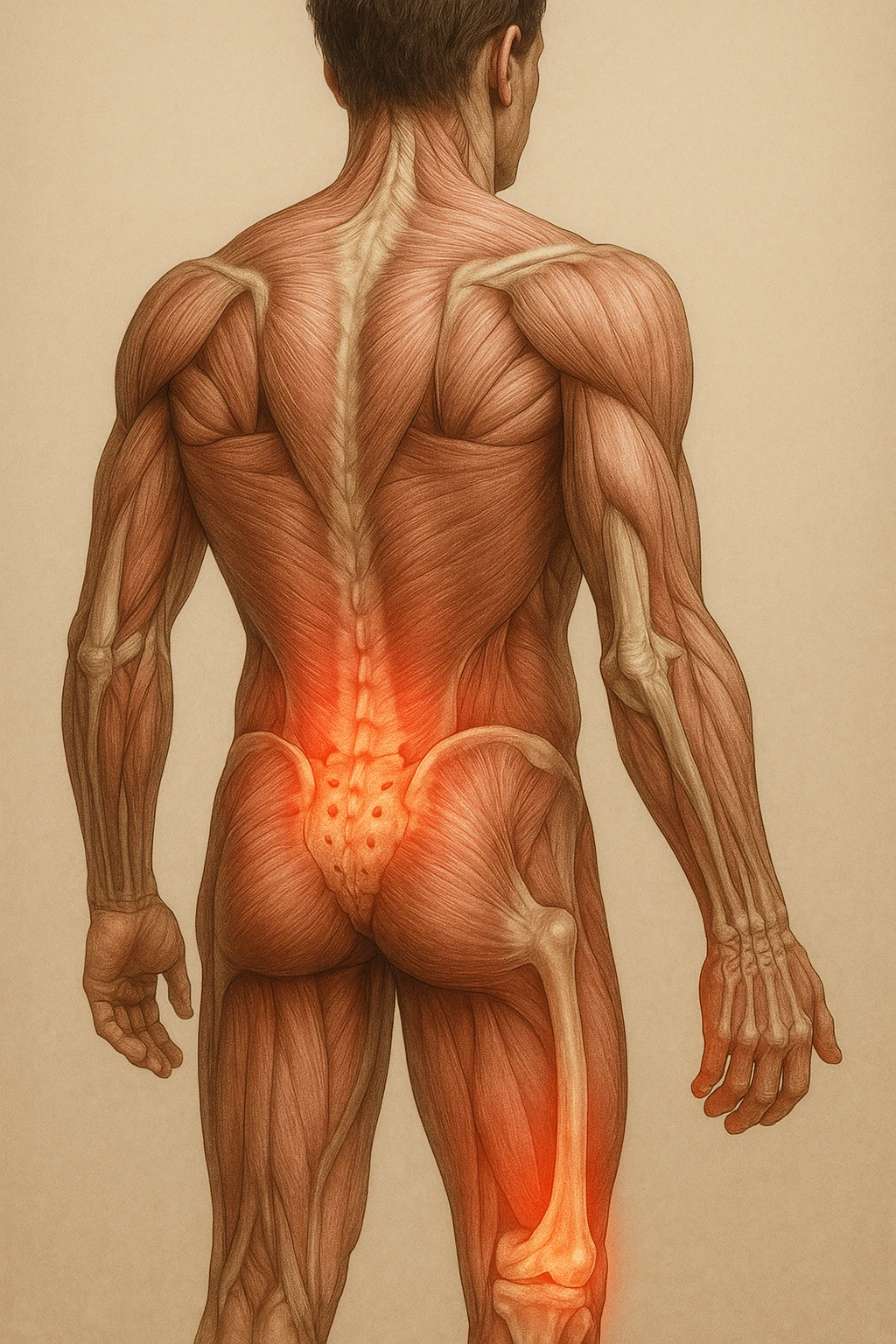 corpo umano anatomico con mal di schiena e al ginocchio, iperrealistico 4k emoji