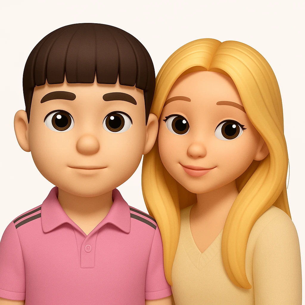 Create a unified 3D emoji style image of both people together, harmonizing their appearance so they look like they belong to the same 3D emoji family with matching proportions and style. The style should resemble consistent 3D emoji aesthetics. emoji