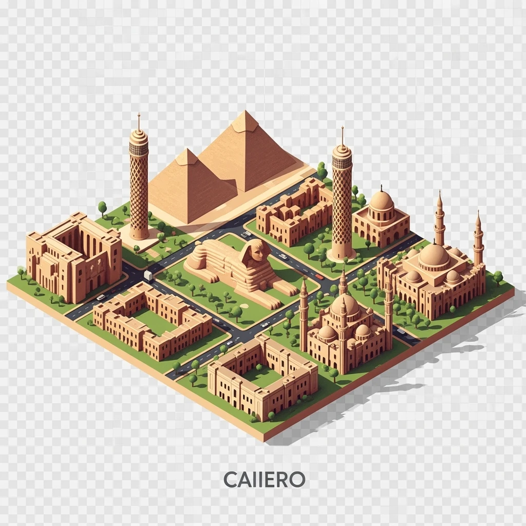 Isometric minimalistic illustration of Cairo, subtle 3D miniature effect and Tilt Shift effect, no cartoonish look, transparent background. emoji