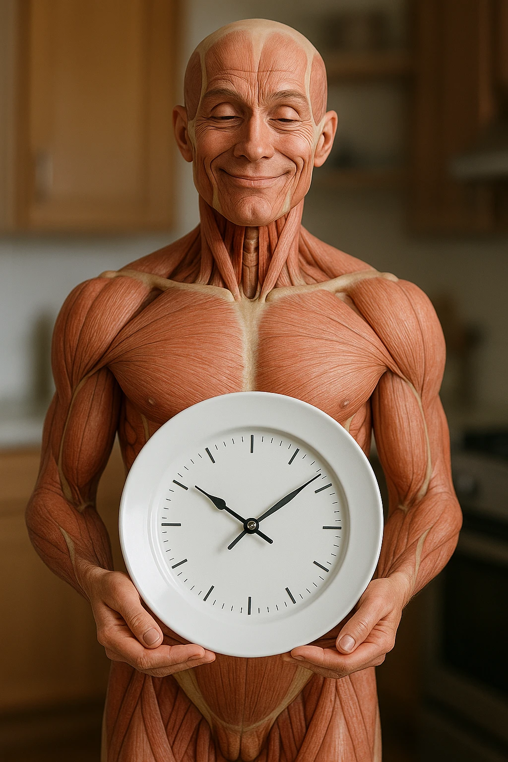 corpo umano anatomico, che tiene in mano un piatto bianco con la lancette di un orologio sopra, figura visibile fino ai fianchi, espressione del volto soddisfatta, sullo sfondo la sua cucina sfocata, iperrealistico 4k emoji