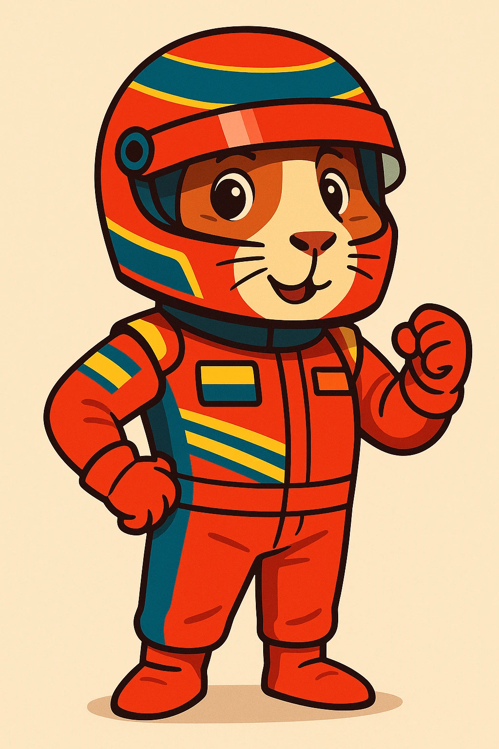 full-body cartoon guinea pig in Formula 1 racing suit and helmet, detailed emoji