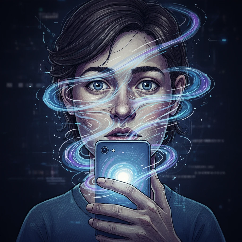 Лицо человека, который держит близко перед лицом смартфон и экран будто бы засасывает его мысли и лицо, слегка рисованный но при этом объемный стиль emoji