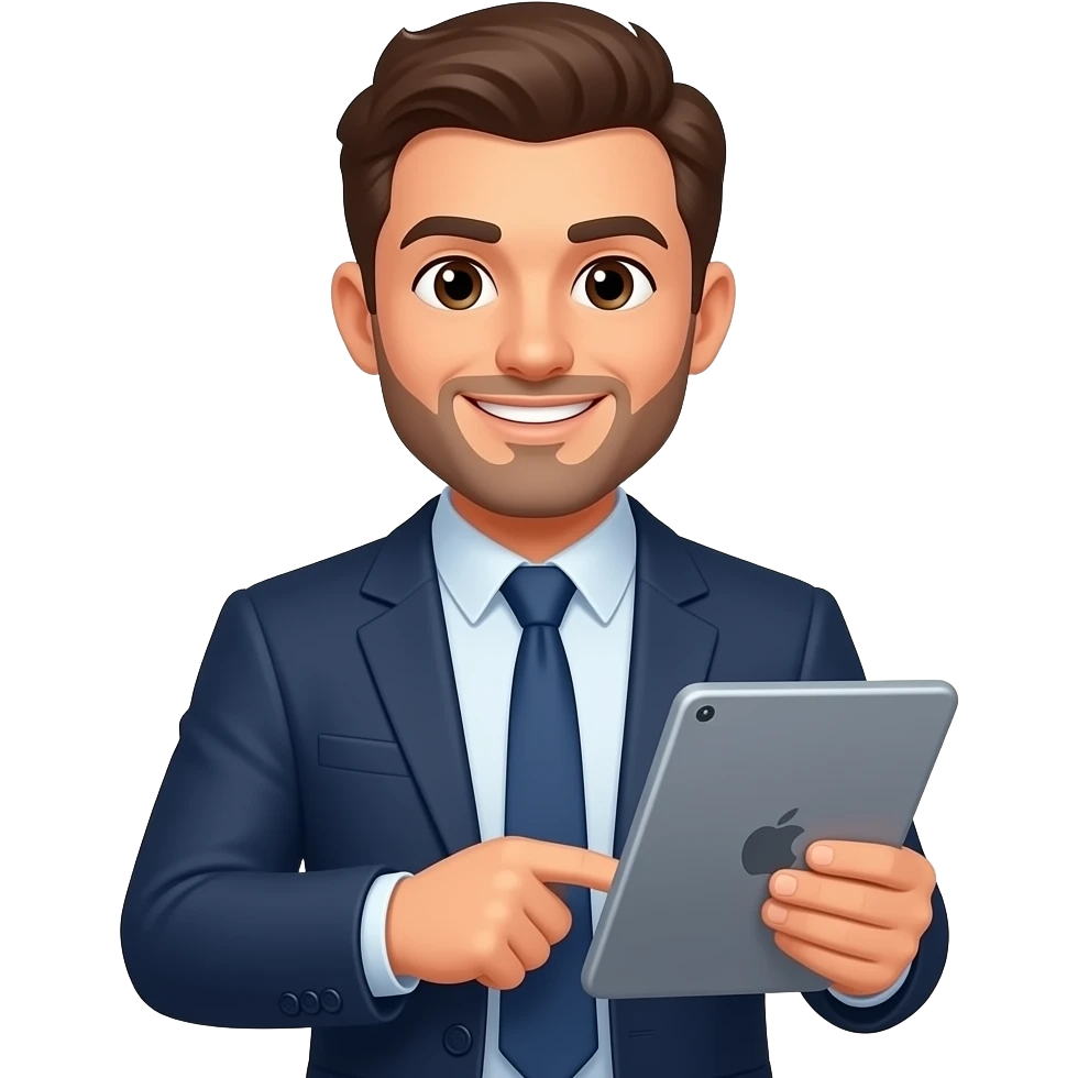 friendly and inspiring male forex trader mascot holding ipad, mid 20s, dark blue jacket emoji