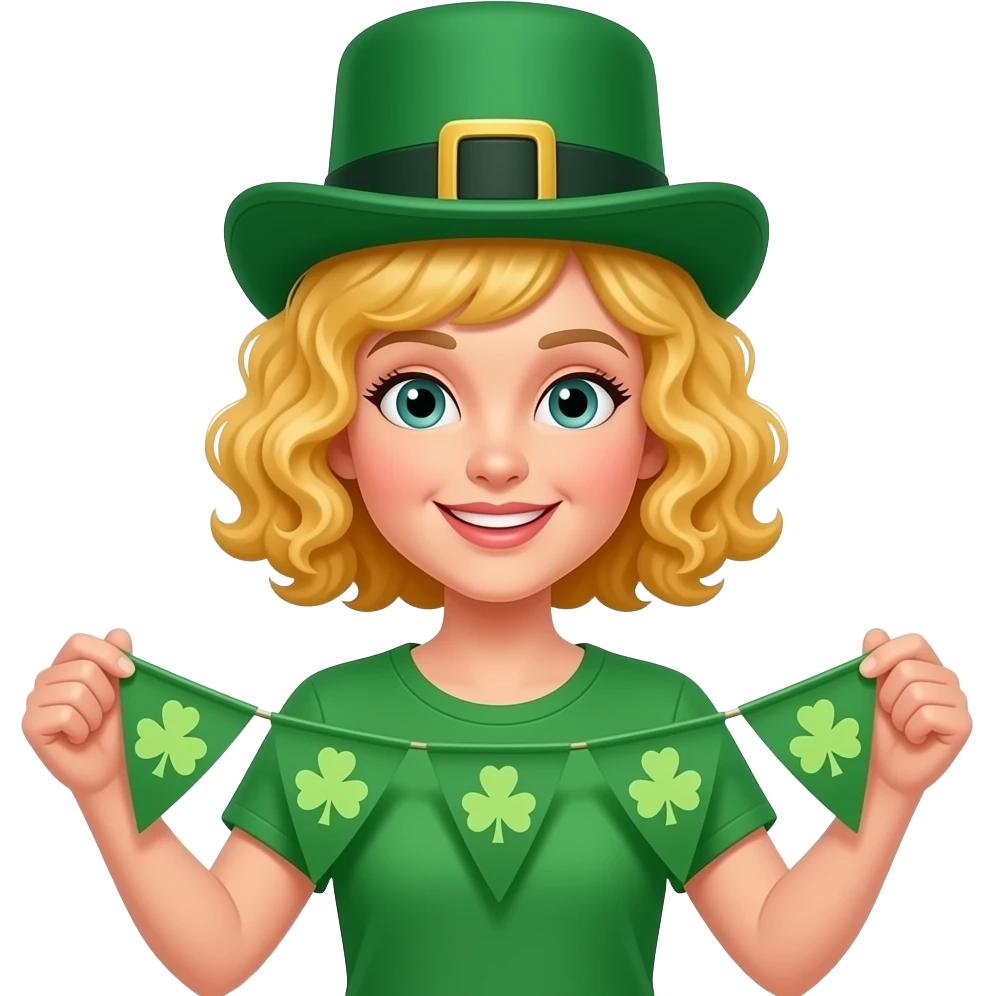 blonde tight curly hair in a short bob St. Patrick's Day Banner and a green hat and green short sleeve shirt emoji