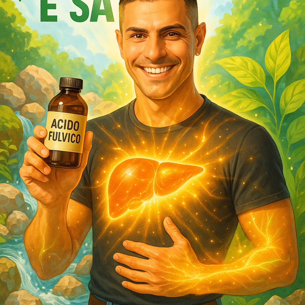 Create a vertical 9:16 wellness semi-realistic style image of a man with the face from the reference image. He is holding a bottle labeled 'acido fulvico'. Show luminous energy on the liver and skin. The environment is natural and bright with elements of wellness like water and minerals. Include Italian text. emoji
