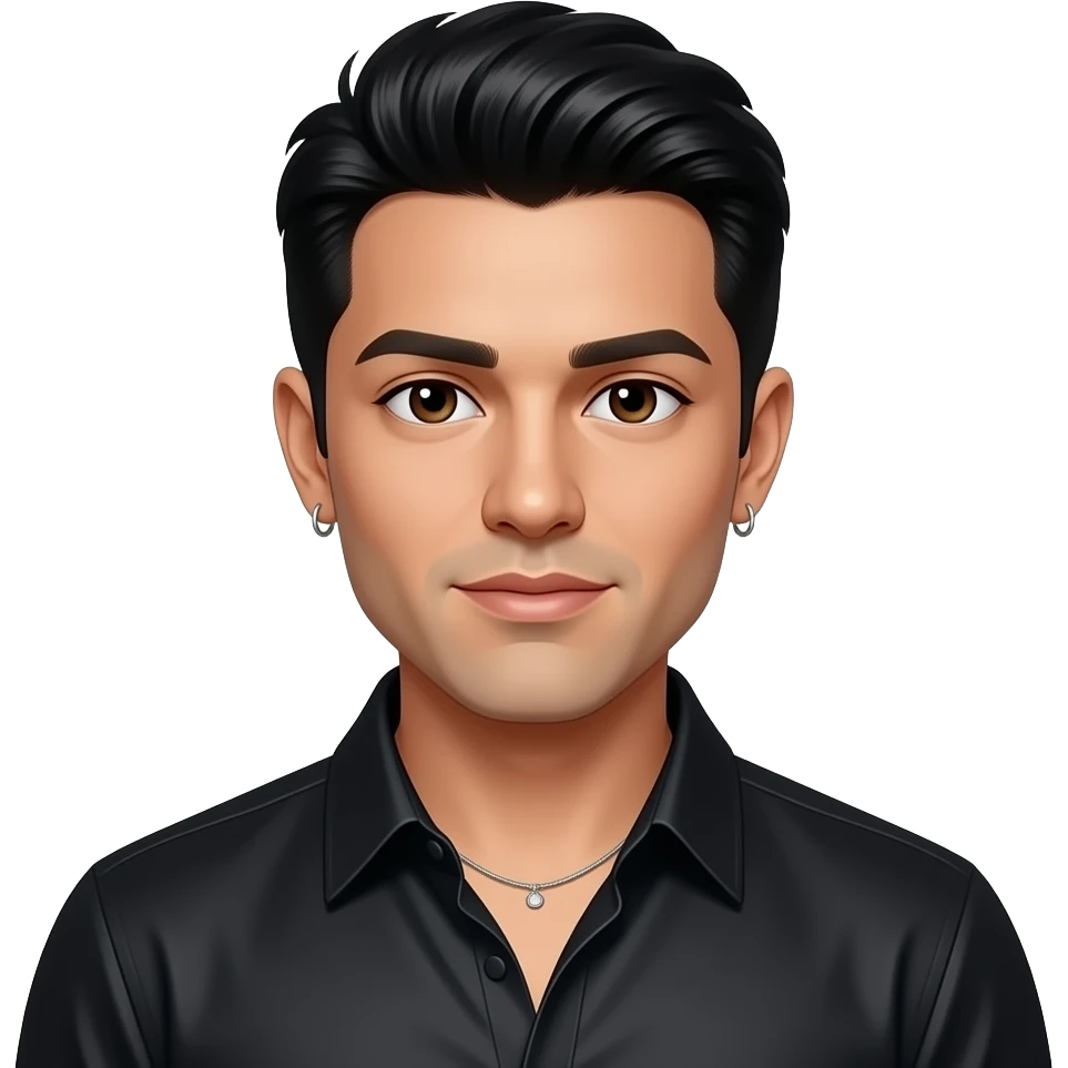 Erik-Michael Estrada from O-Town with dark brown eyes, black hair, black metallic high neck shirt, necklace and earrings emoji