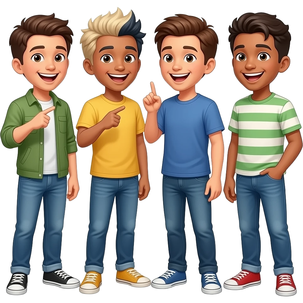 Hazme unos 4 chicos riendose i asenyalando a la nada, que se les vea todo el cuerpo i que sean niños guapos i uno que tenga un peinado de chulito emoji
