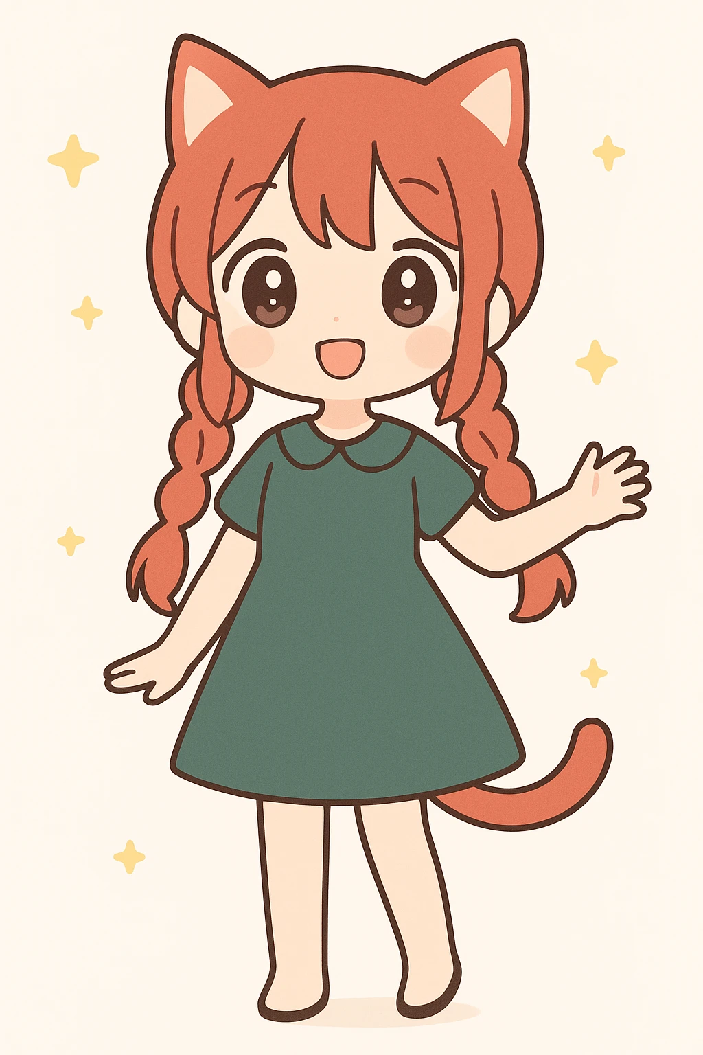 full body catgirl with red hair in twin braids, wearing a dark green dress, cute and expressive, anime style emoji