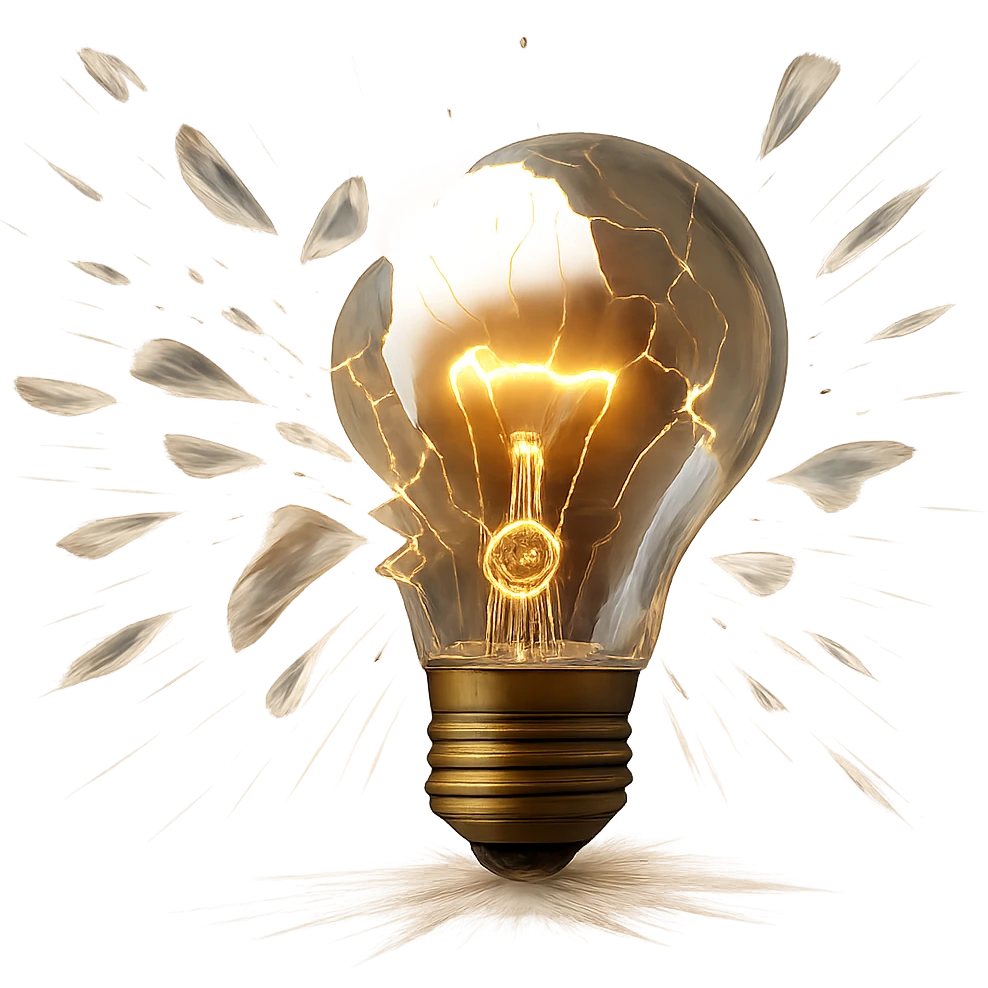 Depict a shattered lightbulb with glass fragments flying outward in a dynamic composition. Keep the background transparent. Highlight the motion and energy of the flying glass fragments. emoji