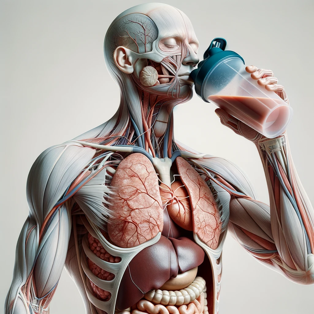 CORPO UMANO ANATOMICO CON OCCHI CHIUSI MENTRE BEVE UNO SHAKER PROTEICO, ORGANI IN EVIDENZA, IPERREALISTICO SFONDO CHIARO NEUTRO emoji