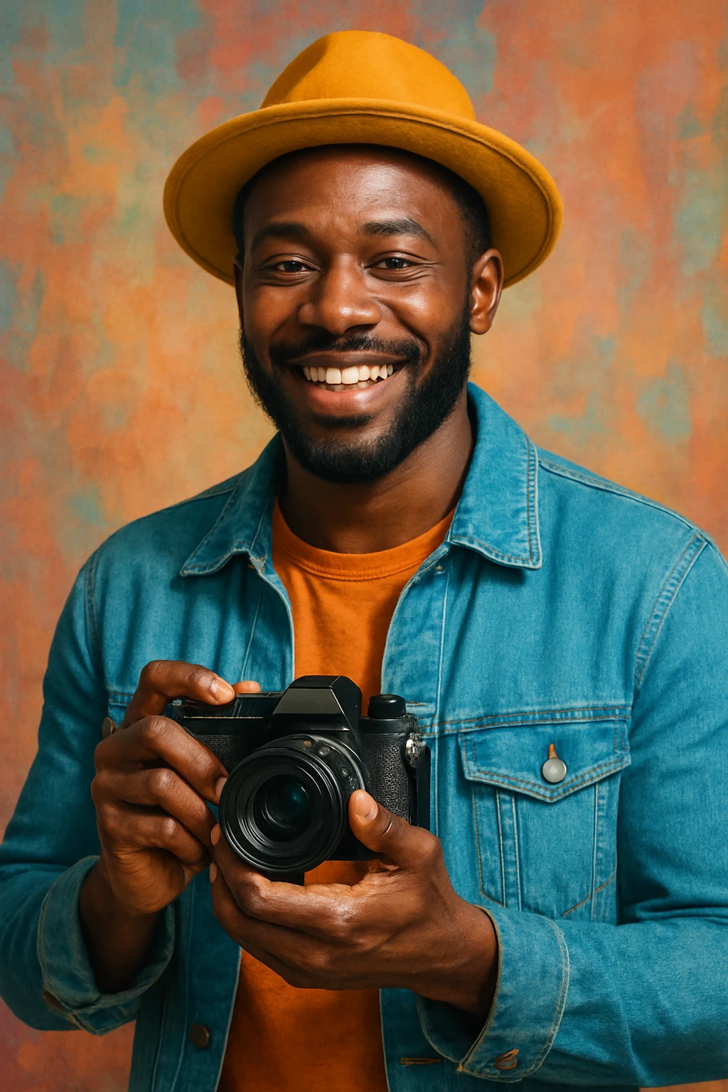 A black man holding a camera, smiling, wearing a hat, modern style. emoji