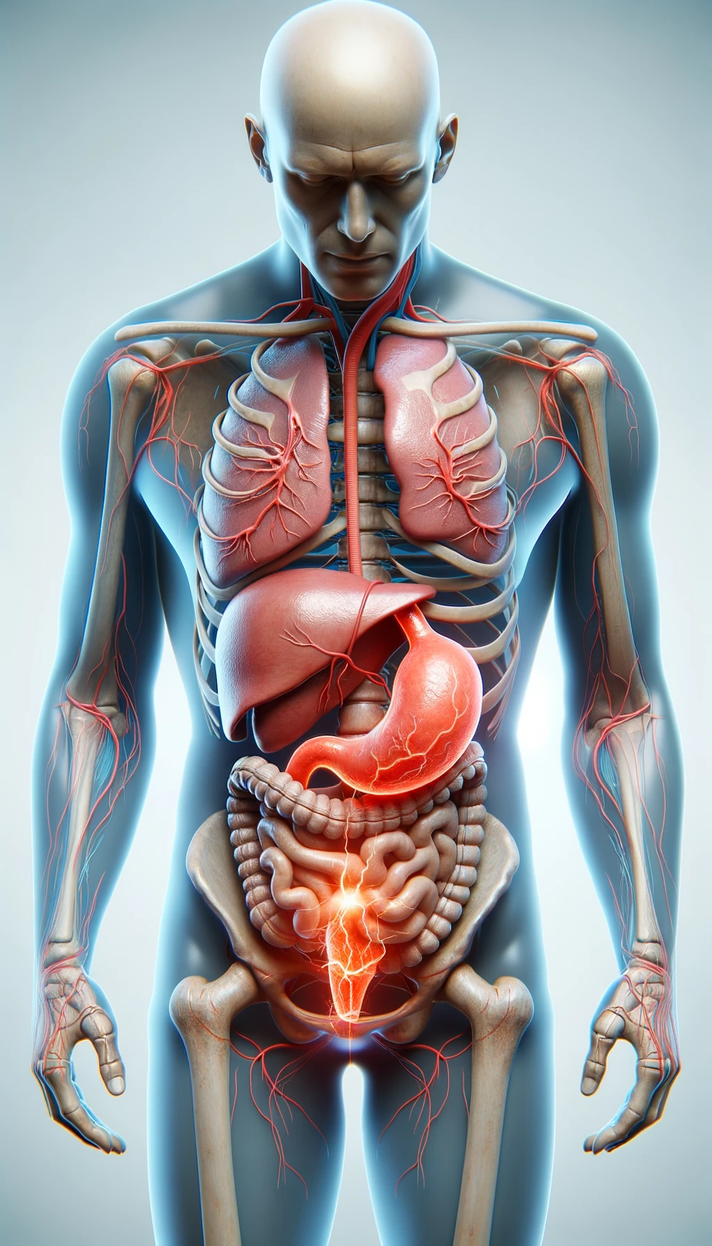 cistifellea umana anatomica realistica e intestino sono collegati nel dolore, sfondo chiaro emoji