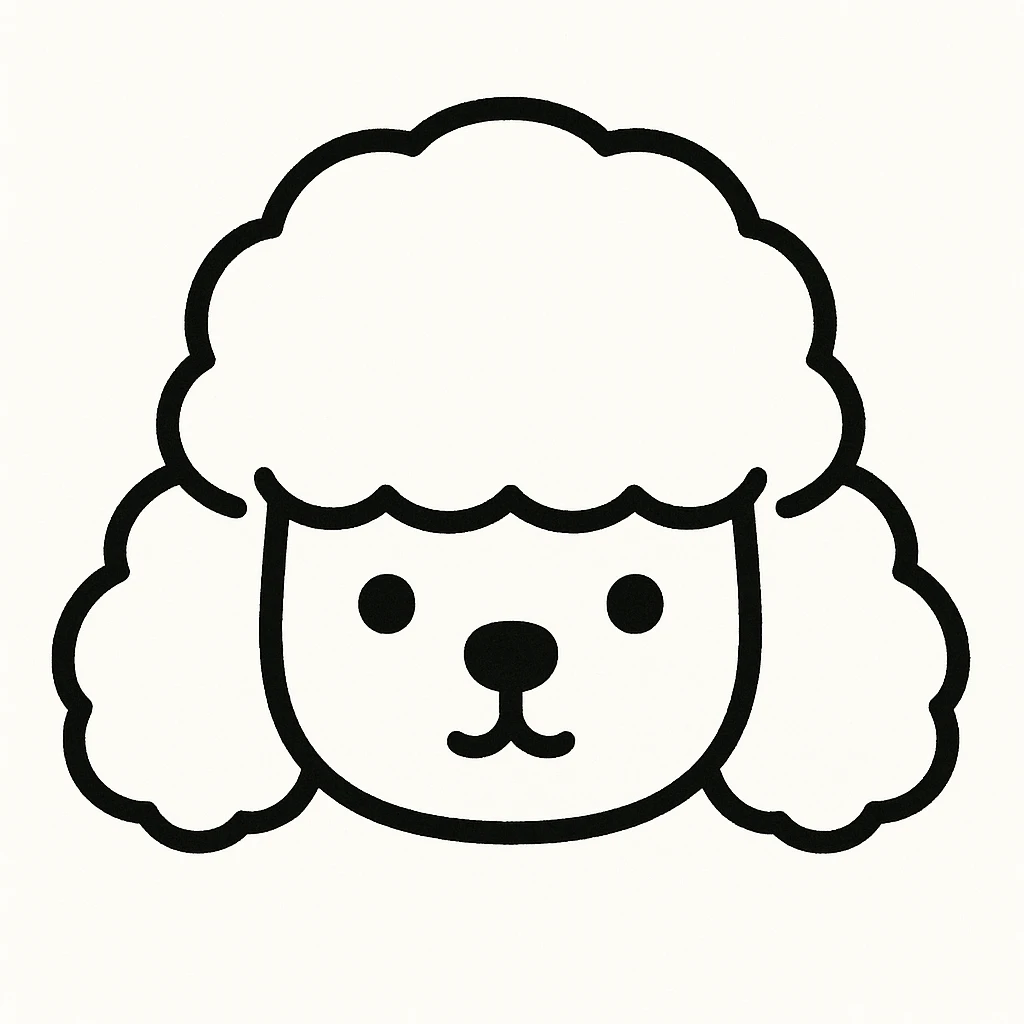 minimalist kawaii poodle dog head with large, fluffy, round head, puffy curly ears hanging down, very simple face with dot eyes, small round nose, upside-down 'Y' mouth. thick, bold, clean black lines, white background, no color or shading. calm, sweet, symmetrical, child-friendly, hand-drawn but polished look. emoji