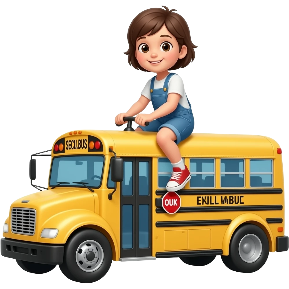 A kid riding on a full sized toy school bus emoji