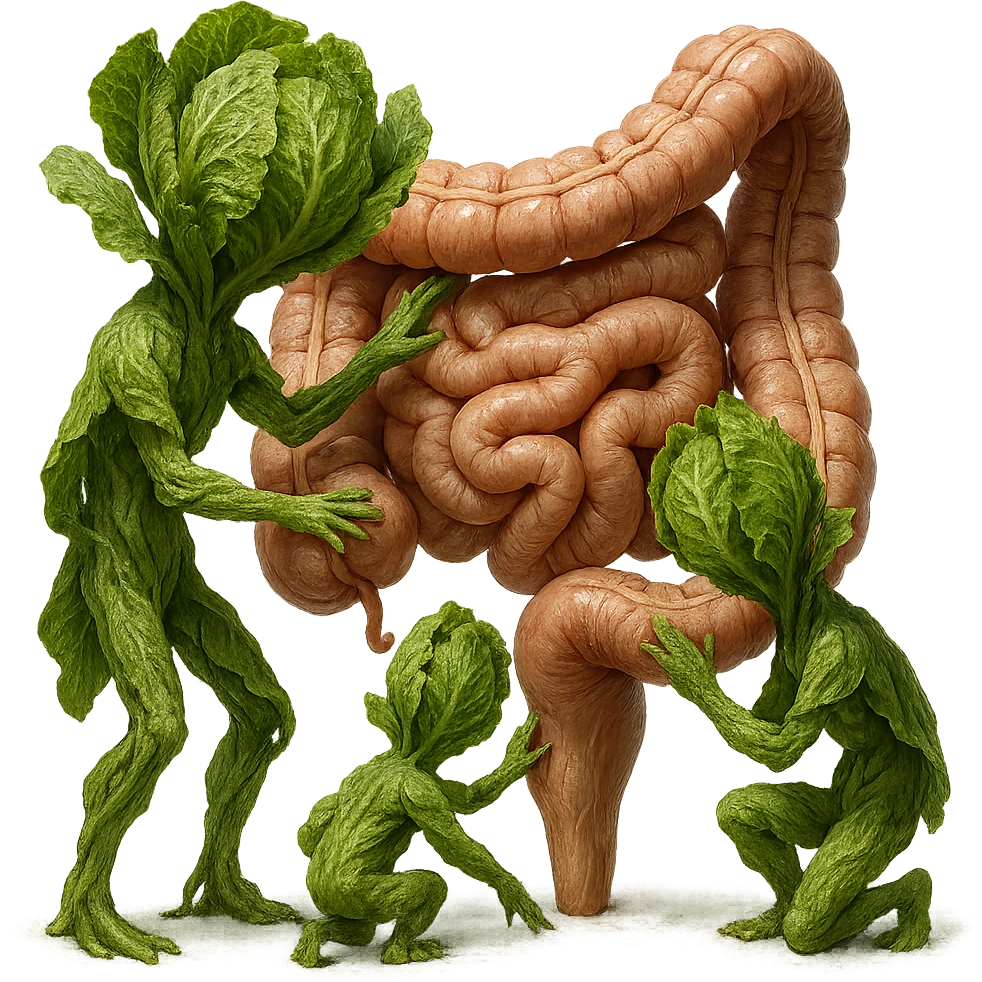 Ultra-realistic 4K illustration: stylized lettuce leaves depicted as plant-like creatures interacting with a human anatomical model of the intestine. The scene is surreal and scientific, with organic textures, refined biological details, dramatic lighting, and a bio-fantasy photorealistic style emoji