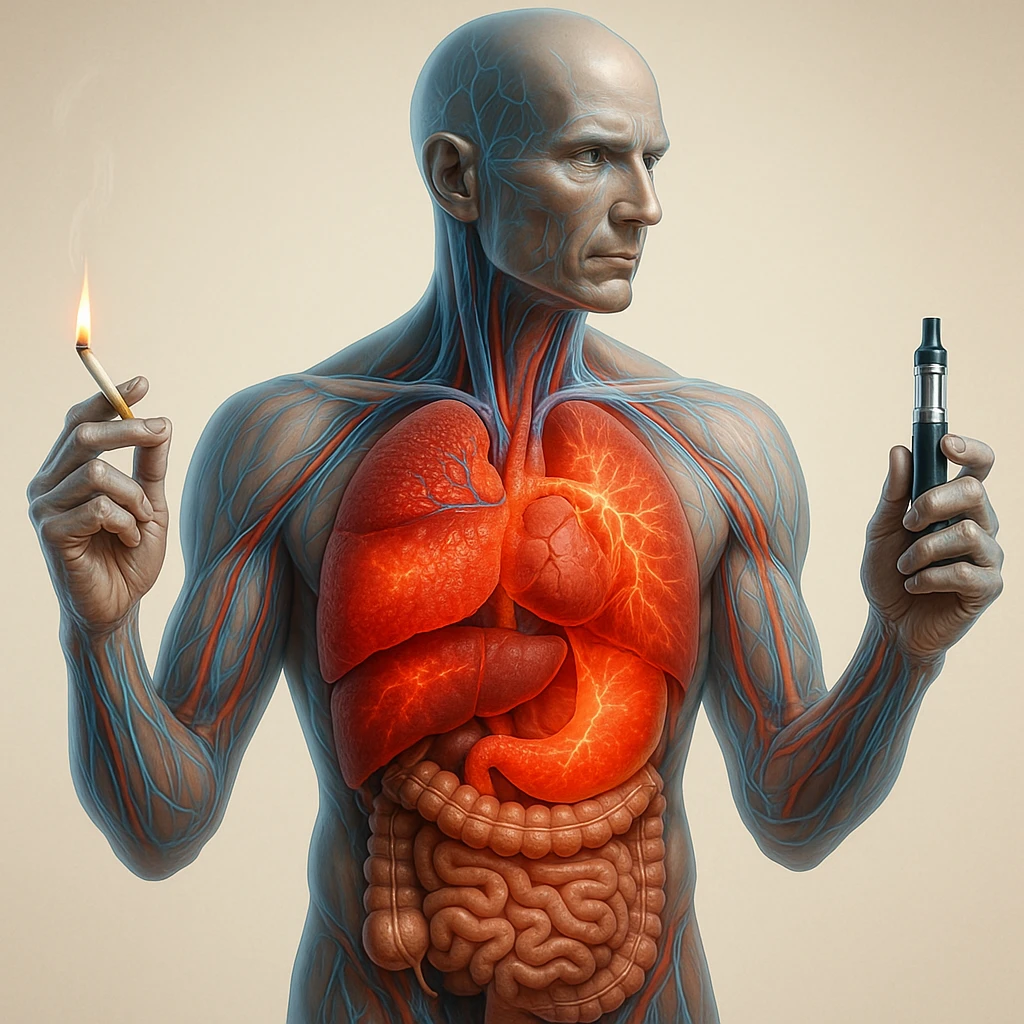 Medical illustration, hyperrealistic 4K, realistic anatomical human body, inflamed liver and intestine highlighted, holding a lit normal cigarette in the right hand and an electronic cigarette in the left hand, clear background, extremely detailed, same lighting and style as the reference image. emoji