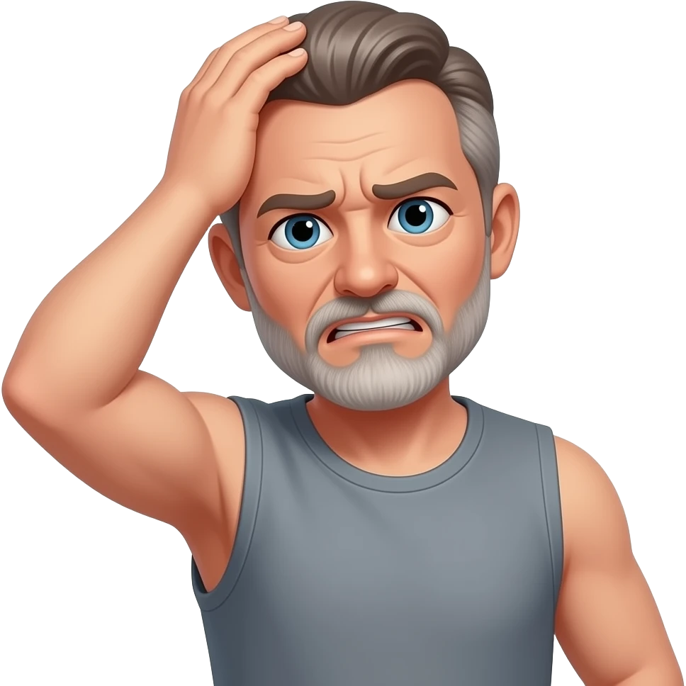 60 year man with goatee with hand on head frustrated sleeve less grey hairs tee shirt emoji