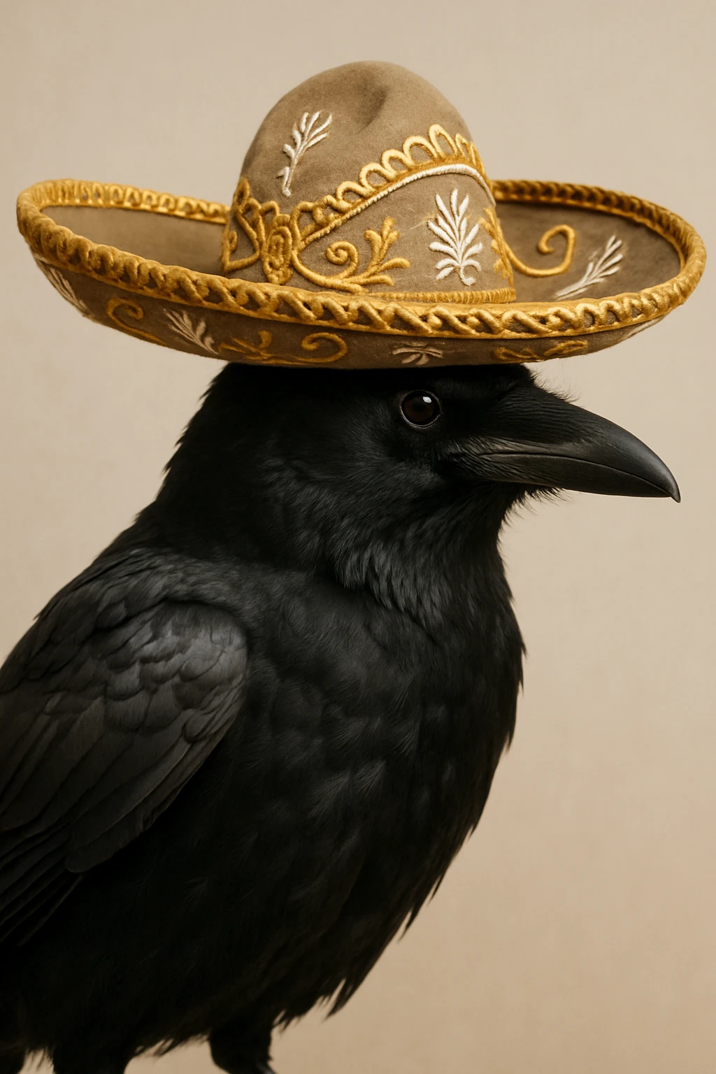 a realistic black crow with a traditional mariachi hat, detailed and lifelike emoji