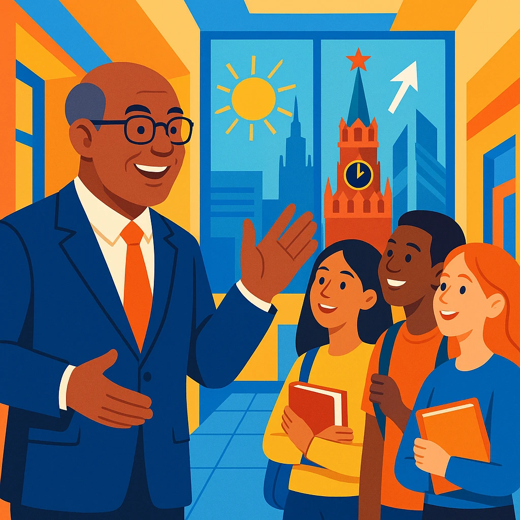 An inspiring college director engaging with students in a bright college hall, smiling and gesturing, with symbols of Moscow in the background, conveying a sense of future and inspiration. emoji