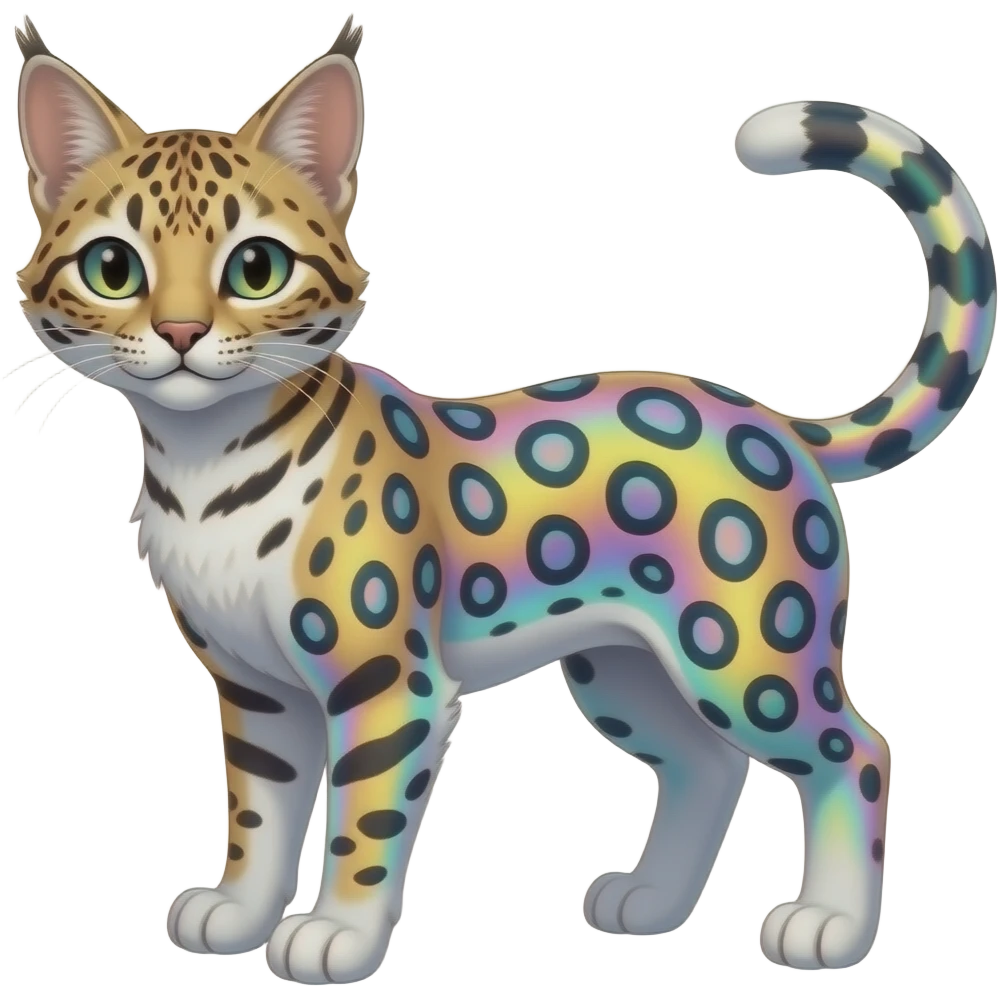 Colorful Iridescent Albino Melanistic Bobcat-Caracal-Leopard-Genet-Pokémon-Digimon-Fakémon-fusion-hybrid-creature emoji