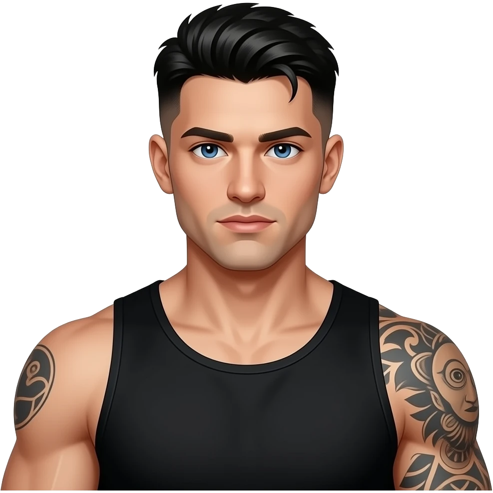 très arrogant gars cheveux noirs low taper fade look dark beau et yeux bleus peau laiteuse pâle et tatoué musclé 25 ans emoji