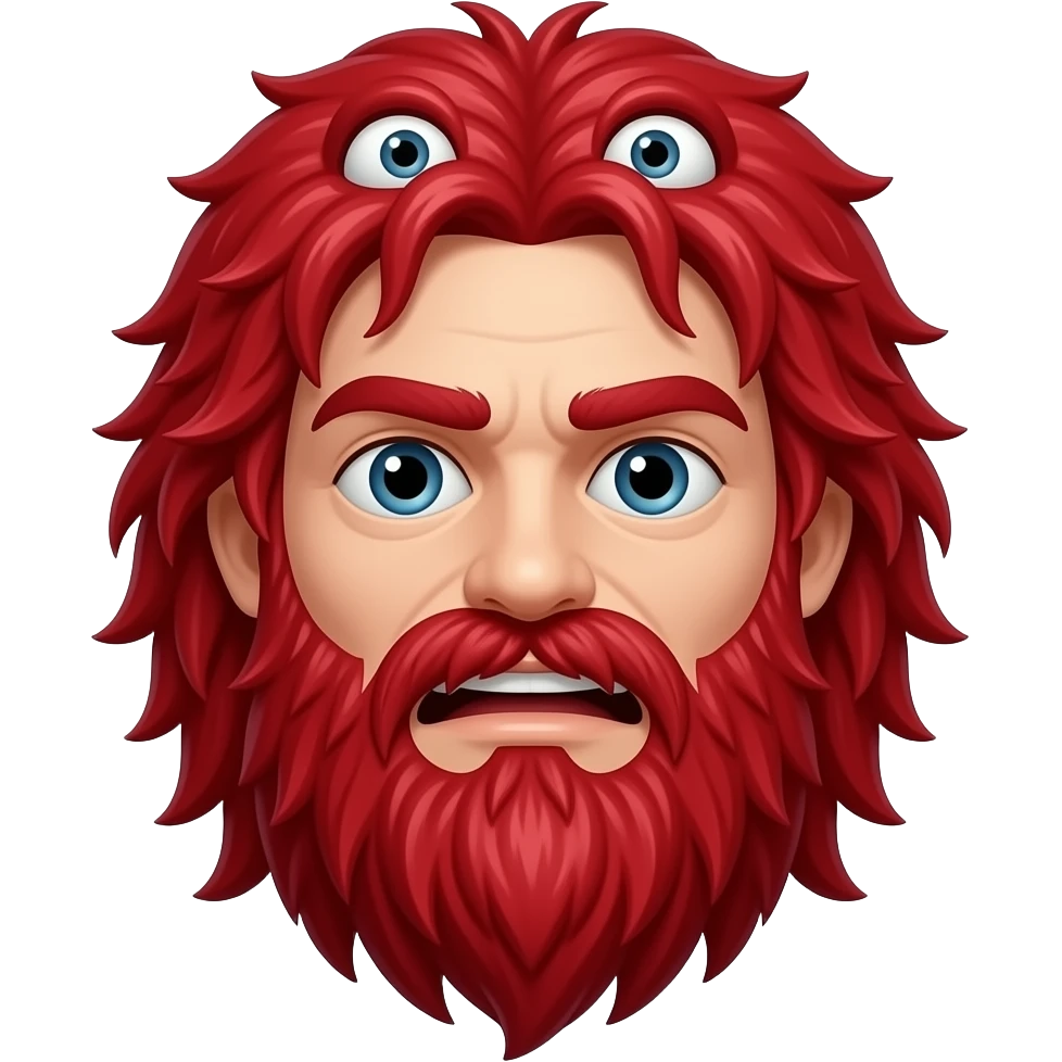 Red Guy from Don’t Hug Me I’m Scared, Red monster with long, stringy red hair covering the face and mouth, cartoon eyes on top of his head emoji