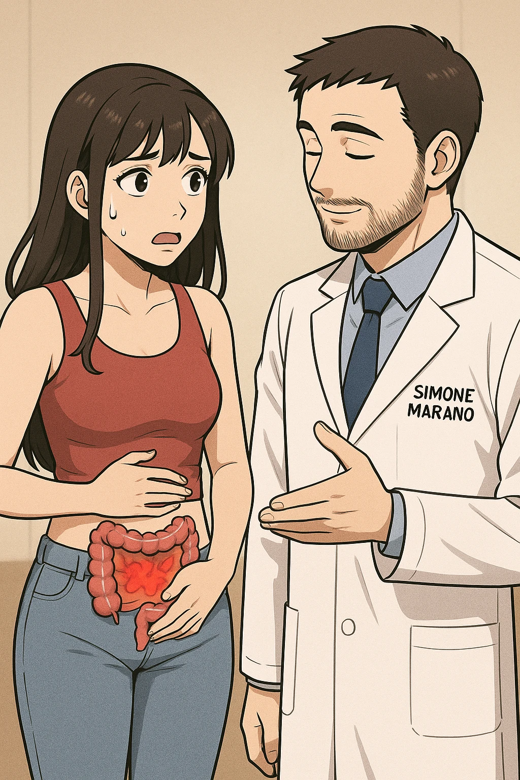 prendi spunto da questo stile di disegno e fai un webtoon/manga a colori con questo nutrizionista in camice bianco (fagli la scritta "SIMONE MARANO" SUL CAMICE) in piedi CHE PARLA CON UNA RAGAZZA in piedi accanto a lui. la ragazza GLI chiede UNA COSA preoccupata mentre si tocca la pancia e ha un intestino umano infiammato sulla pancia, e IL NUTRIZIONISTA CON IL CAMICE BIANCO le risponde mentre annuisce. la ragazza falla mora, con top rosso e jeans chiari, NON FARE I FUMETTI, FAI SOLO LORO COME SE DIALOGASSERO, falli a figura intera. la ragazza falla a sinistra e il nutrizionista a destra emoji