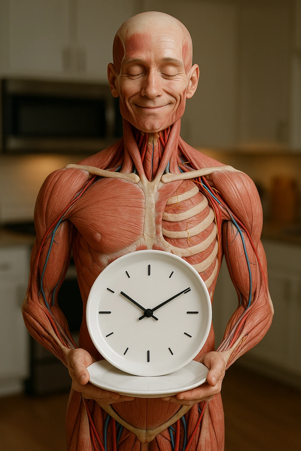 corpo umano anatomico, che tiene in mano un piatto bianco con la lancette di un orologio sopra, figura visibile fino ai fianchi, espressione del volto soddisfatta, sullo sfondo la sua cucina sfocata, iperrealistico 4k emoji