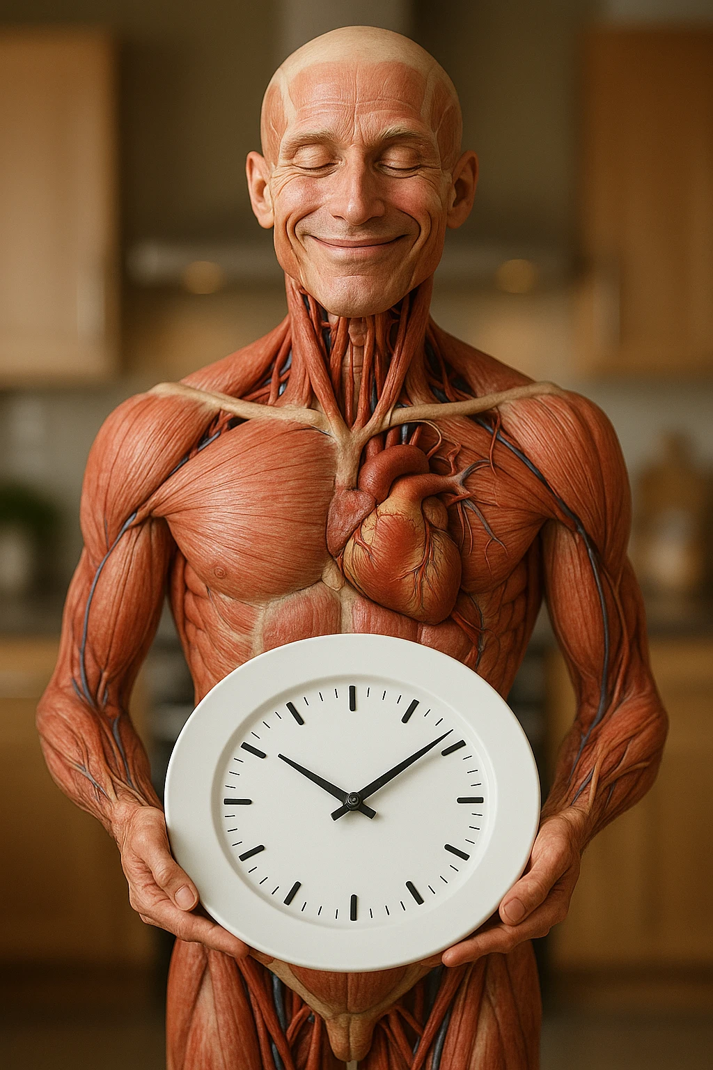 corpo umano anatomico, che tiene in mano un piatto bianco con la lancette di un orologio sopra, figura visibile fino ai fianchi, espressione del volto soddisfatta, sullo sfondo la sua cucina sfocata, iperrealistico 4k emoji