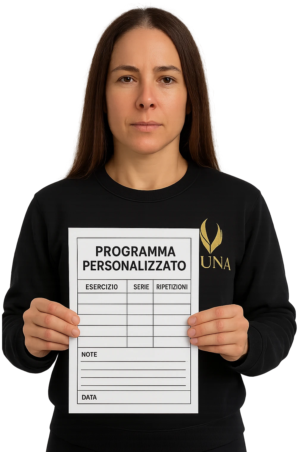 Donna con in mano Scheda di allenamento di palestra con scritto "Programma Personalizzato" emoji