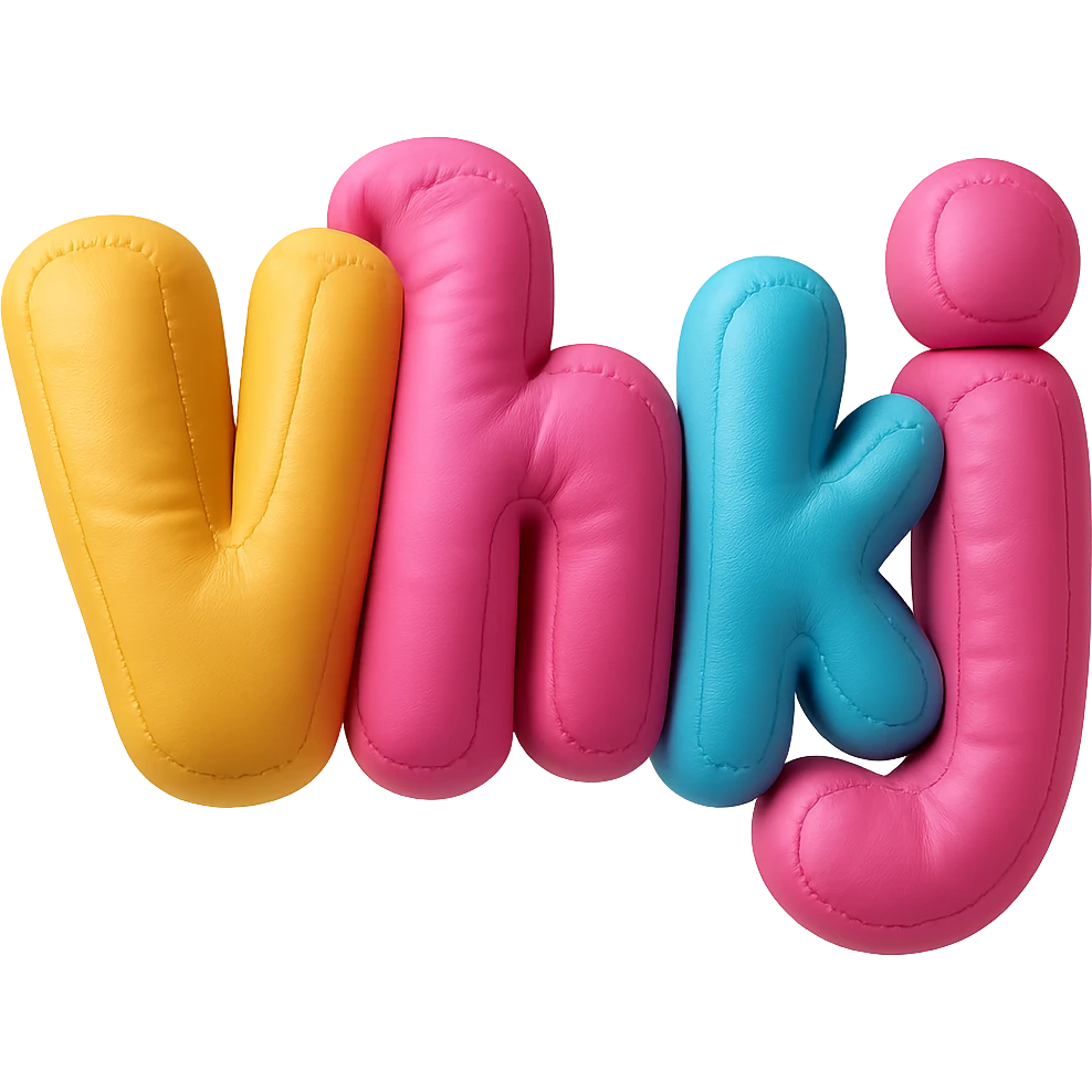 Add a 3D effect to the 'Vhkj' icon, keeping the playful, vibrant, bubbly style, with no background. emoji