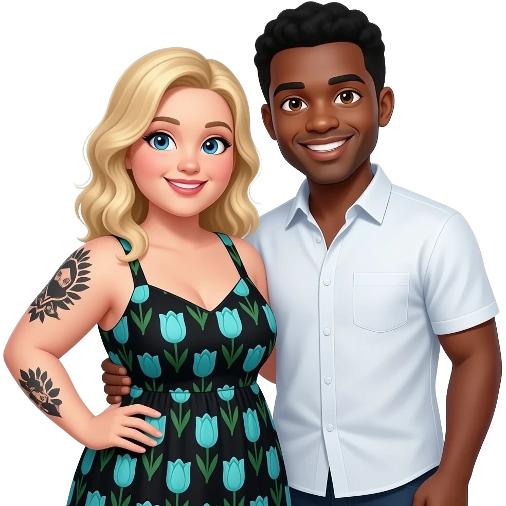 Plus size Blonde girl with blue eyes with black tattoos on right lower arm wearing a black summer dress with teal tulips and African American man with black hair with brown eyes NO facial hair wearing white shirt having fun together emoji