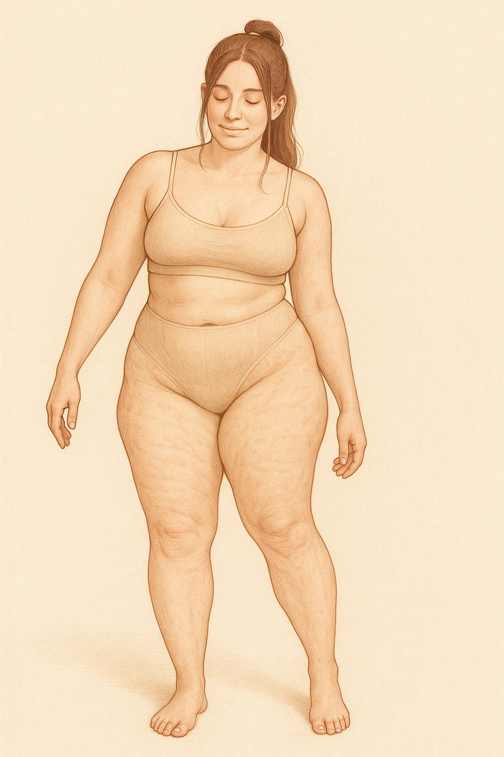 Realistic anatomical illustration of a woman with mild hip asymmetry, water retention, and cellulite, viewed in a soft, educational, body-positive way. emoji