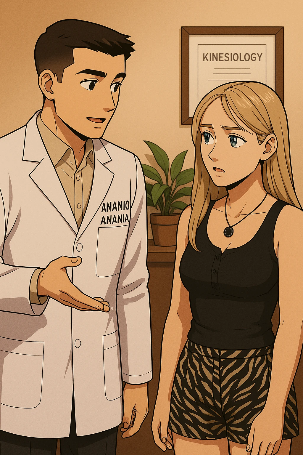 fai un webtoon/manga a colori con questo kinesiologo in camice bianco (fagli la scritta "ANTONIO ANANIA" SUL CAMICE) CHE PARLA CON QUESTA RAGAZZA CON GLI OCCHI AZZURRI. la ragazza gli fa una domanda preoccupata e IL KINESIOLOGO CON IL CAMICE BIANCO LE risponde. NON FARE I FUMETTI, FAI SOLO LORO COME SE DIALOGASSERO emoji