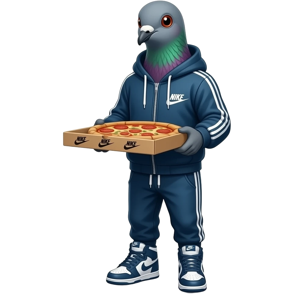 a staten island pigeon wearing a velour track suit hoodie and no pants and nike dunks and carrying a pizza box emoji