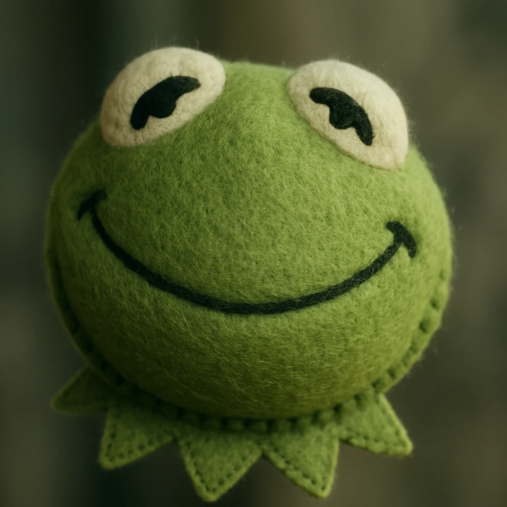 smiling plush Kermit face, emoji style, soft fabric look, joyful expression emoji