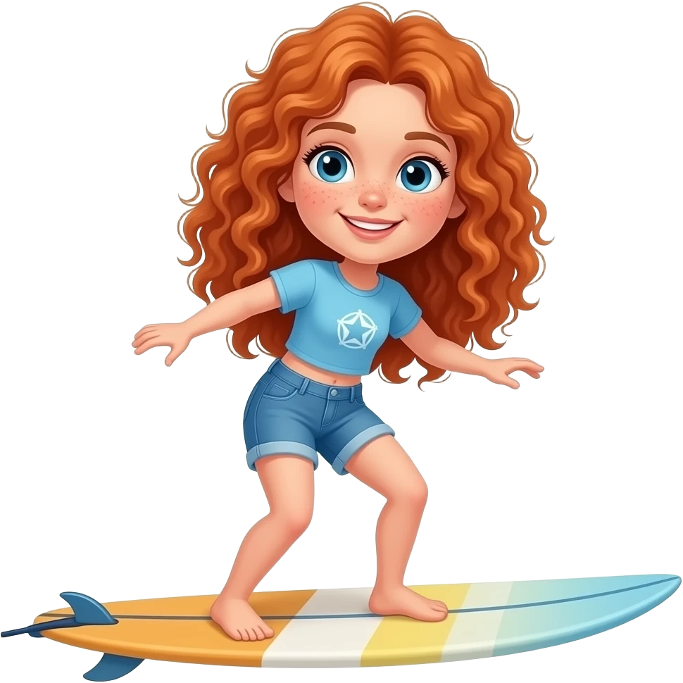 Fille rousse bouclés tâches de rousseur surf emoji