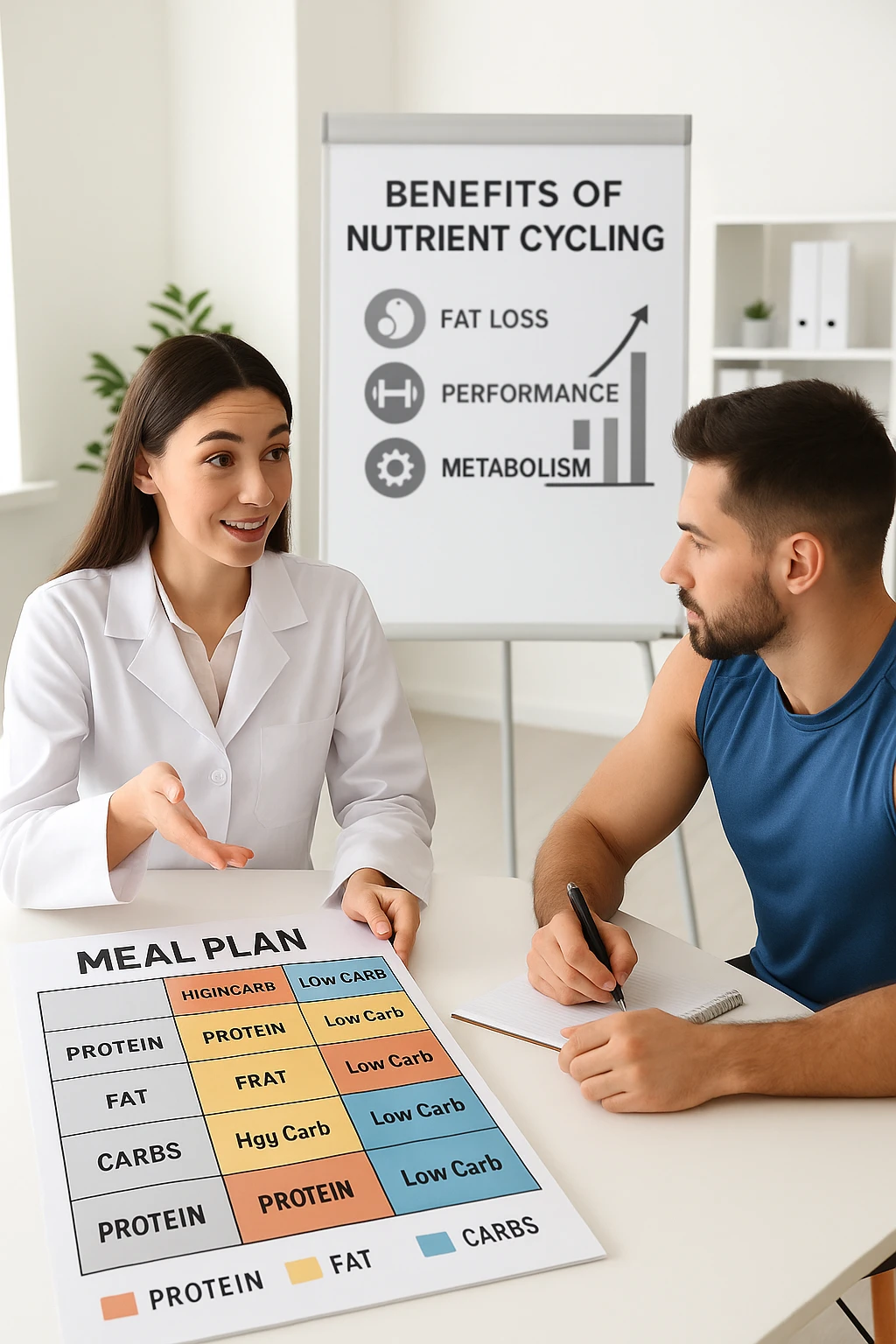 a nutritionist explains to an athlete how to cycle macronutrients for fat loss and training. On the desk, a weekly meal planner shows alternating high-carb and low-carb days, with color-coded sections for proteine, grassi, and carbo. The athlete takes notes, and a chart in the background illustrates the benefits of nutrient cycling. The mood is professional and educational. scritto in italiano emoji