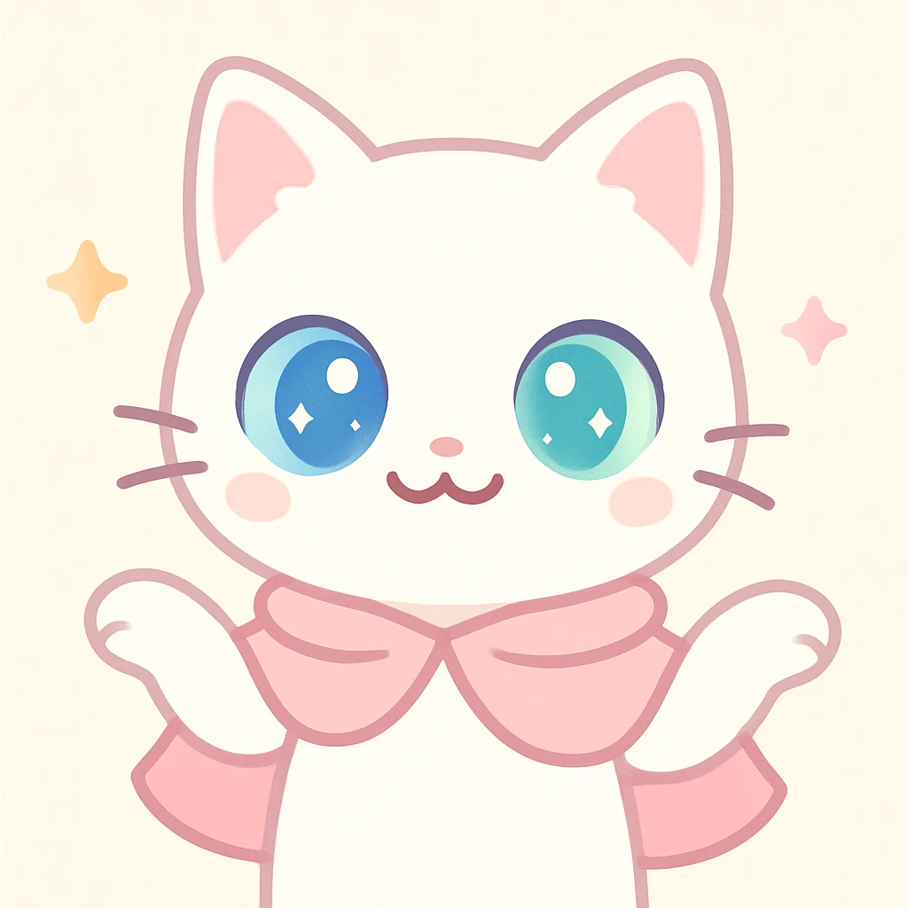 white odd-eyed cat with different colored eyes, cute expression, wearing a pink cape, shrugging shoulders, lovely and bright feeling emoji