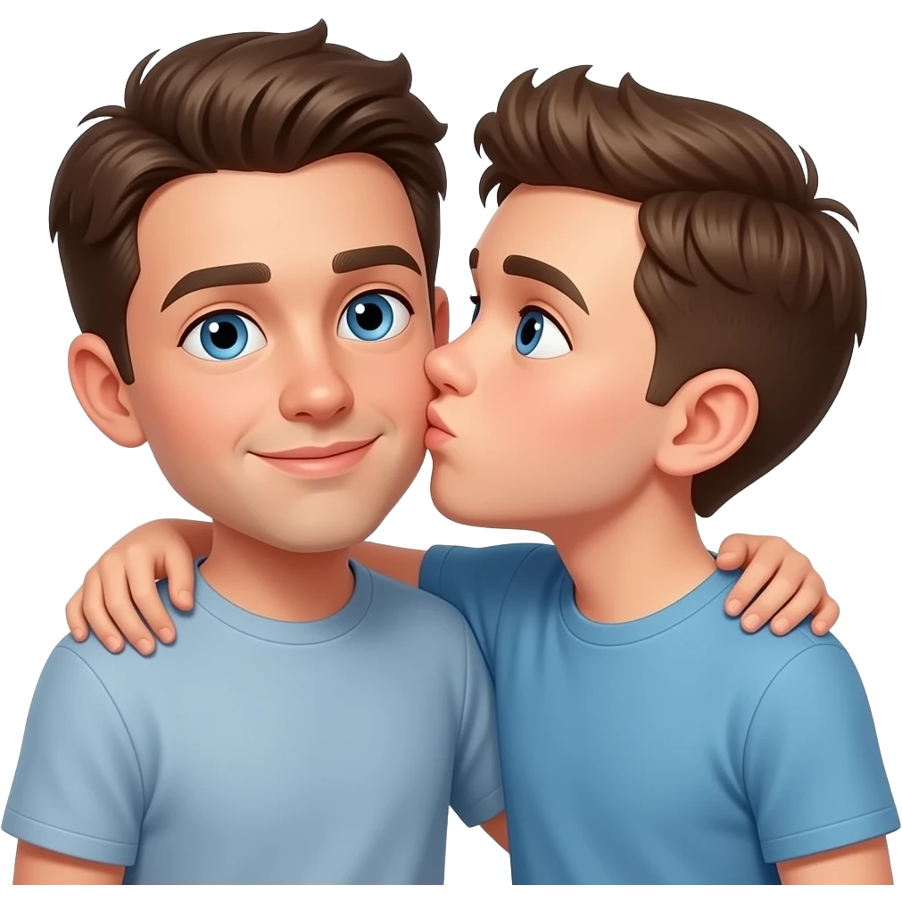Erstelle ein Emoji von zwei Brüder, der eine um die 22 und der andere um die 26, der älter Bruder legt sein Arm über sein jüngeren Bruder und küsst ihn auf die Wange. Beide haben blaue Augen emoji