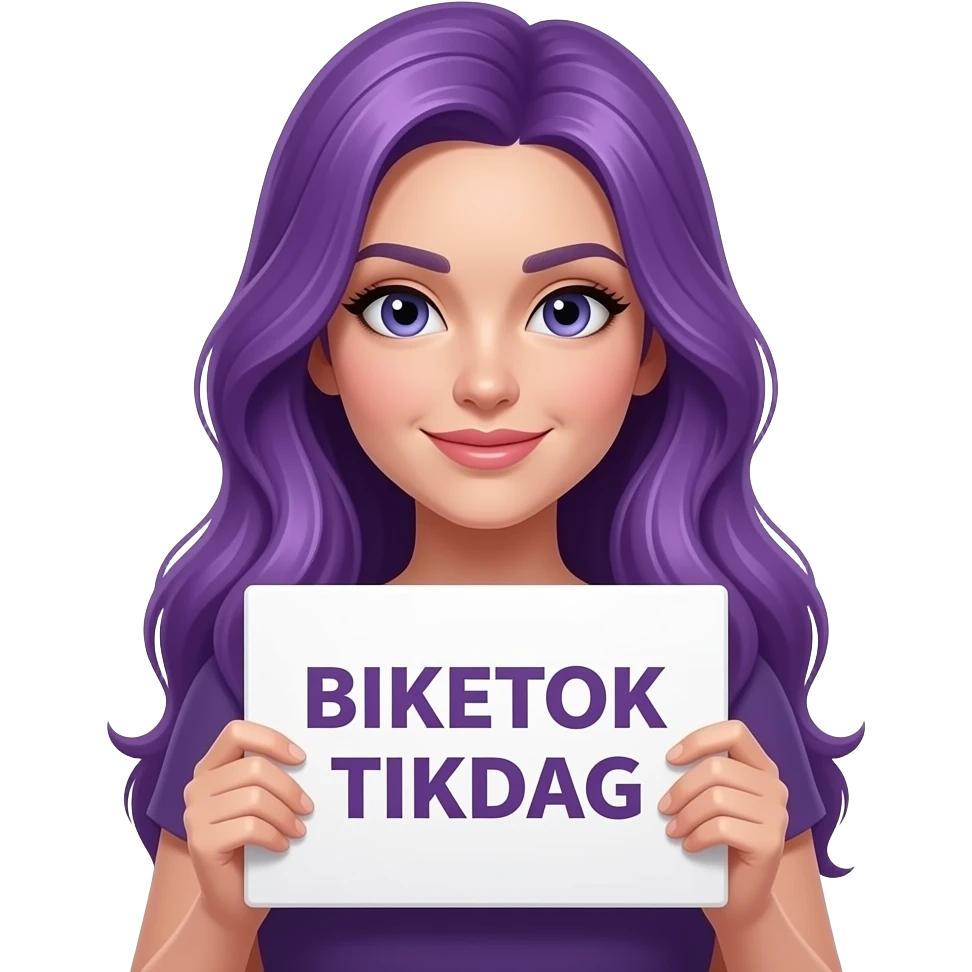 sexy girl with long purple hair holding a BIKETOK TIKTAG sign emoji